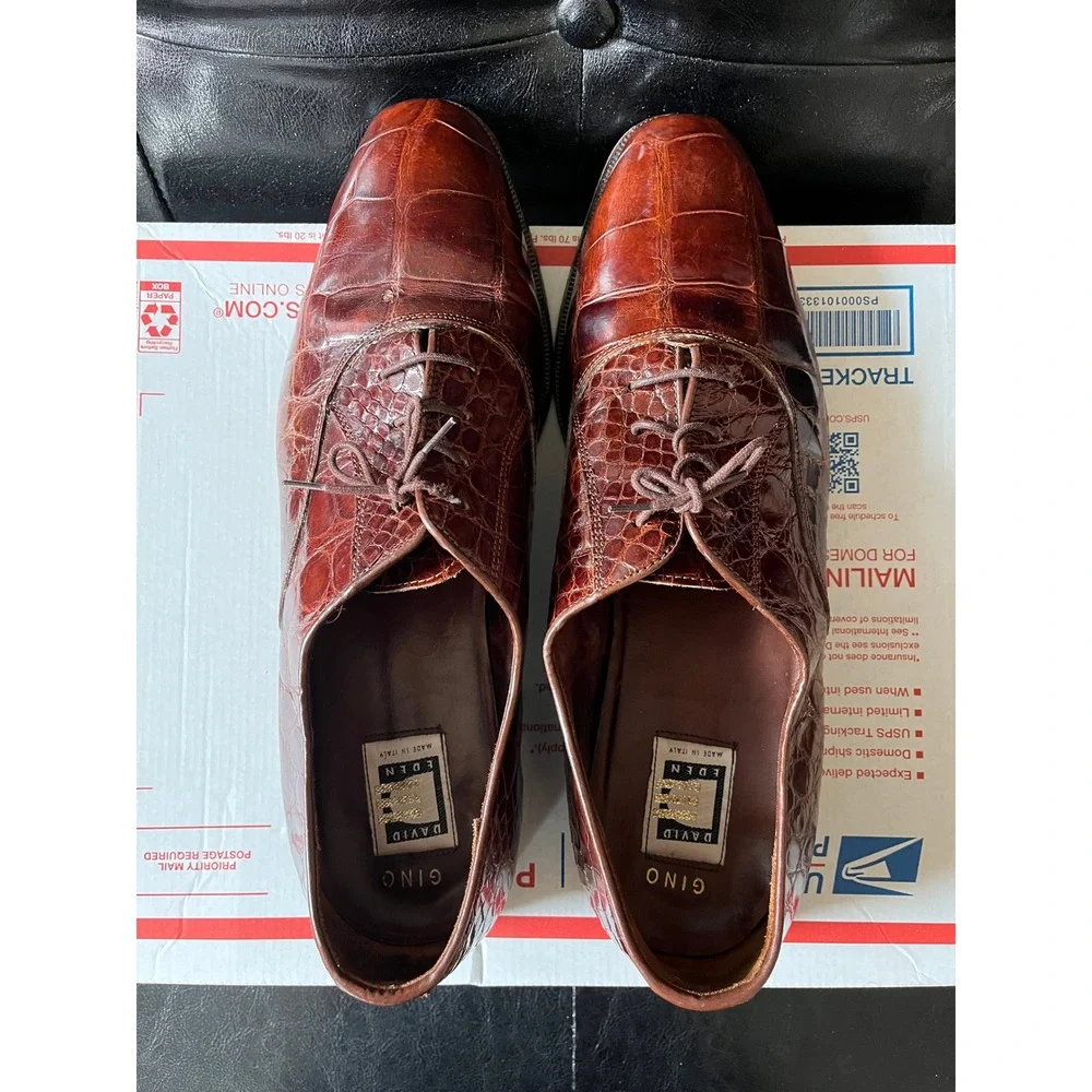 David Eden Gino Mens Cognac Brown Crocodile Embossed Leather‎ Oxfords